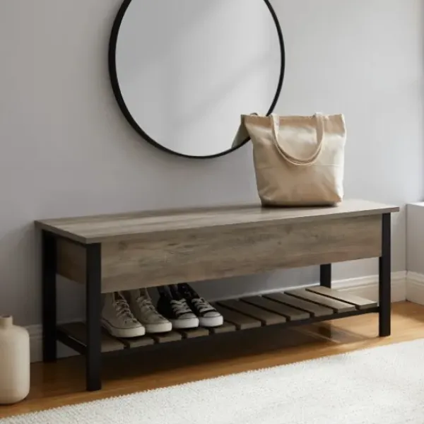 Entryway Furniture-Kirkland's Home Washed Lift-Top Storage Bench Gray