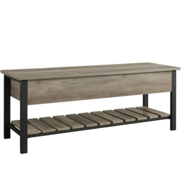 Entryway Furniture-Kirkland's Home Washed Lift-Top Storage Bench Gray