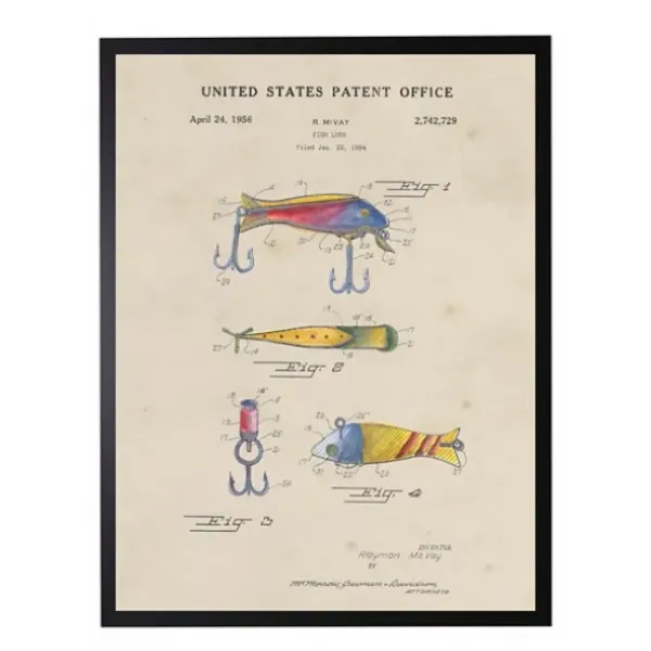 Framed Art-Kirkland's Home Watercolor Fish And Lure Patent Framed Art Print Multi