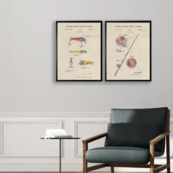 Framed Art-Kirkland's Home Watercolor Fish And Lure Patent Framed Art Print Multi