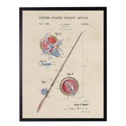 Framed Art-Kirkland's Home Watercolor Fishing Rod Patent Framed Art Print Red/Tan