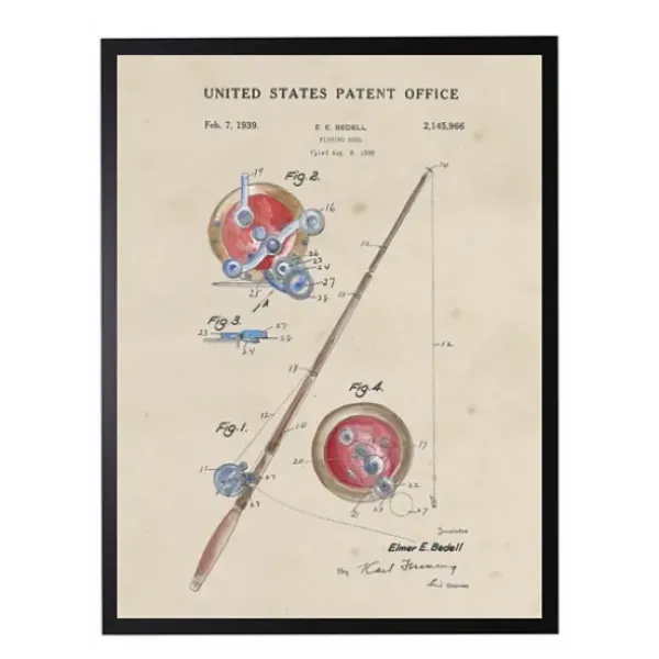 Framed Art-Kirkland's Home Watercolor Fishing Rod Patent Framed Art Print Red/Tan