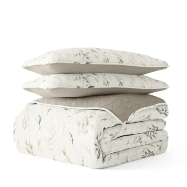 Quilts-Kirkland's Home Watercolor Leaves Reversible 3-Pc. Queen Quilt Set White/Green/Tan