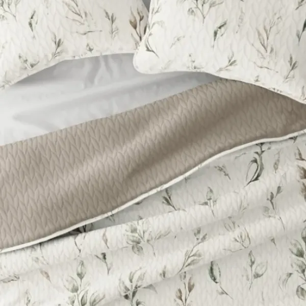 Quilts-Kirkland's Home Watercolor Leaves Reversible 3-Pc. Queen Quilt Set White/Green/Tan
