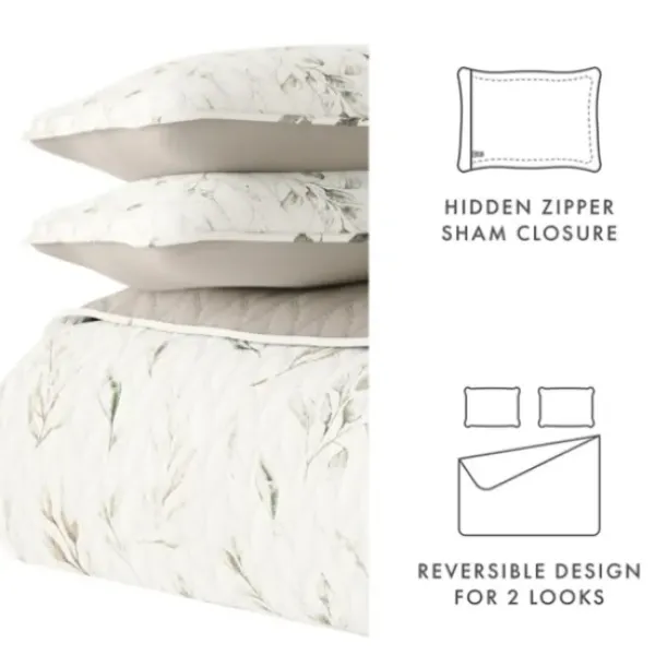 Quilts-Kirkland's Home Watercolor Leaves Reversible 3-Pc. Queen Quilt Set White/Green/Tan