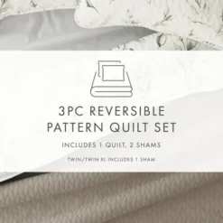 Quilts-Kirkland's Home Watercolor Leaves Reversible 3-Pc. Queen Quilt Set White/Green/Tan