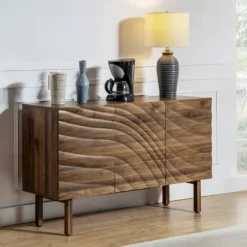 Cabinets & Sideboards-Kirkland's Home Wavy Wood 3-Door Sideboard Cabinet Brown