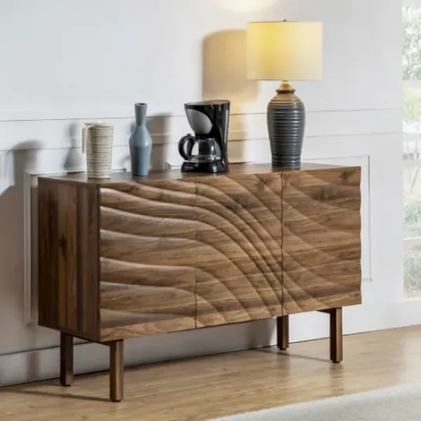 Cabinets & Sideboards-Kirkland's Home Wavy Wood 3-Door Sideboard Cabinet Brown