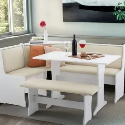 Dining Sets-Kirkland's Home White And Beige Upholstered 3-Pc Dining Nook Set Tan