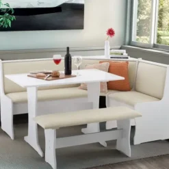 Dining Sets-Kirkland's Home White And Beige Upholstered 3-Pc Dining Nook Set Tan