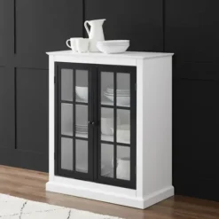 Cabinets & Sideboards-Kirkland's Home White And Black Windowpane Doors Cabinet White/Black