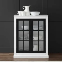 Cabinets & Sideboards-Kirkland's Home White And Black Windowpane Doors Cabinet White/Black