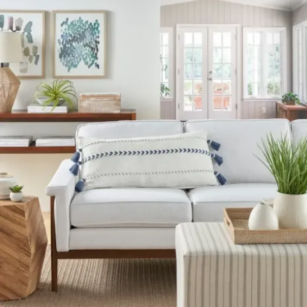 Pillows-Kirkland's Home White And Blue Braided Stripe Lumbar Pillow White/Blue
