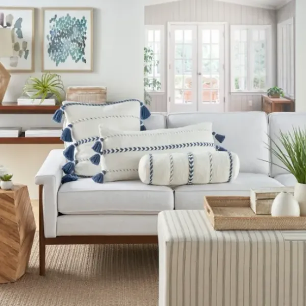 Pillows-Kirkland's Home White And Blue Braided Stripe Lumbar Pillow White/Blue