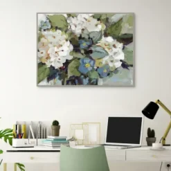 Framed Art-Kirkland's Home White And Blue Hydrangeas Framed Canvas Art Print Green/White/Blue