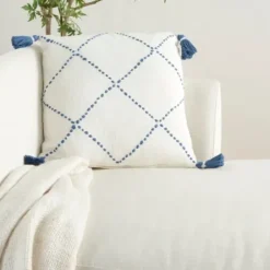 Pillows-Kirkland's Home White And Blue Woven Dots Diamond Pillow Blue/White