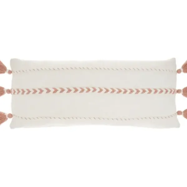 Pillows-Kirkland's Home White And Blush Braided Stripe Lumbar Pillow White/Pink