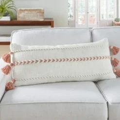 Pillows-Kirkland's Home White And Blush Braided Stripe Lumbar Pillow White/Pink