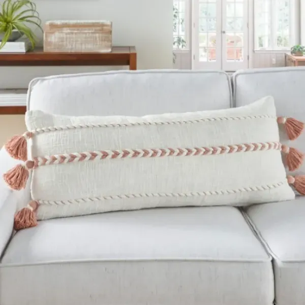 Pillows-Kirkland's Home White And Blush Braided Stripe Lumbar Pillow White/Pink