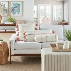 Pillows-Kirkland's Home White And Blush Braided Stripe Lumbar Pillow White/Pink