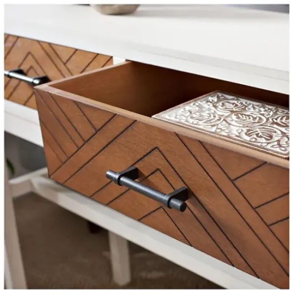 Console Tables-Kirkland's Home White And Brown Herringbone Console Table White/Brown
