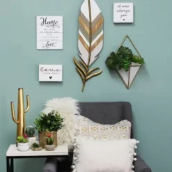 Wall Plaques-Kirkland's Home White And Gold Feather Wall Plaque White/Gold/Blue