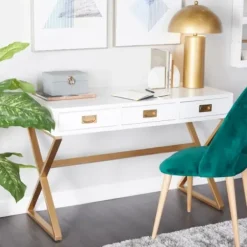 Office Furniture-Kirkland's Home White And Gold Metal Desk With Outlets White/Gold
