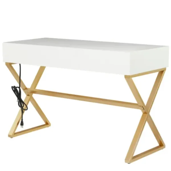 Office Furniture-Kirkland's Home White And Gold Metal Desk With Outlets White/Gold
