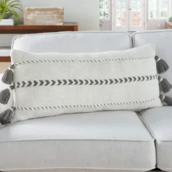 Pillows-Kirkland's Home White And Gray Braided Stripe Lumbar Pillow White/Gray