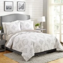 Quilts-Kirkland's Home White And Gray Pattern 3-Pc. King Quilt Set Gray/White