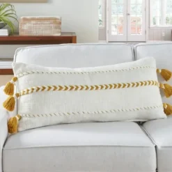 Pillows-Kirkland's Home White And Mustard Braided Stripe Lumbar Pillow White/Yellow