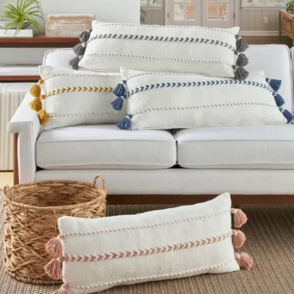 Pillows-Kirkland's Home White And Mustard Braided Stripe Lumbar Pillow White/Yellow