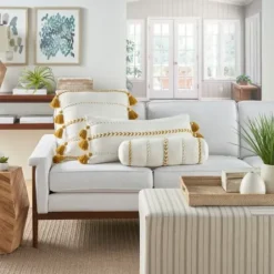 Pillows-Kirkland's Home White And Mustard Braided Stripe Lumbar Pillow White/Yellow