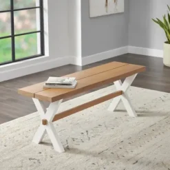 Dining Chairs-Kirkland's Home White And Natural Wood X-Frame Dining Bench White/Tan