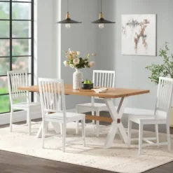 Dining Sets-Kirkland's Home White And Natural Wood X-Frame 5-Pc. Dining Set White/Tan
