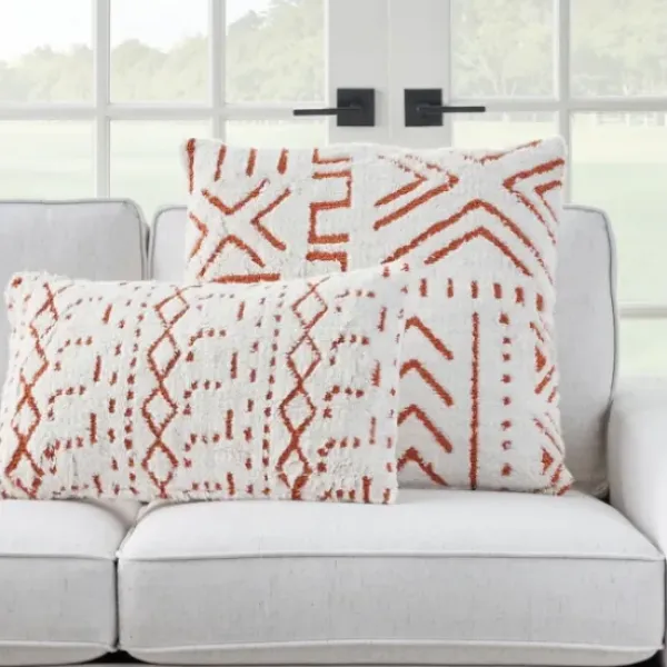 Pillows-Kirkland's Home White And Orange Tufted Geo Lumbar Pillow White/Orange