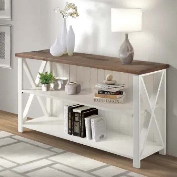 Console Tables-Kirkland's Home White And Rustic Oak Wood Farmhouse Console Table White/Brown