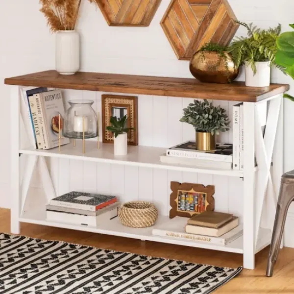 Console Tables-Kirkland's Home White And Rustic Oak Wood Farmhouse Console Table White/Brown