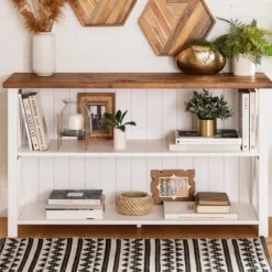 Console Tables-Kirkland's Home White And Rustic Oak Wood Farmhouse Console Table White/Brown