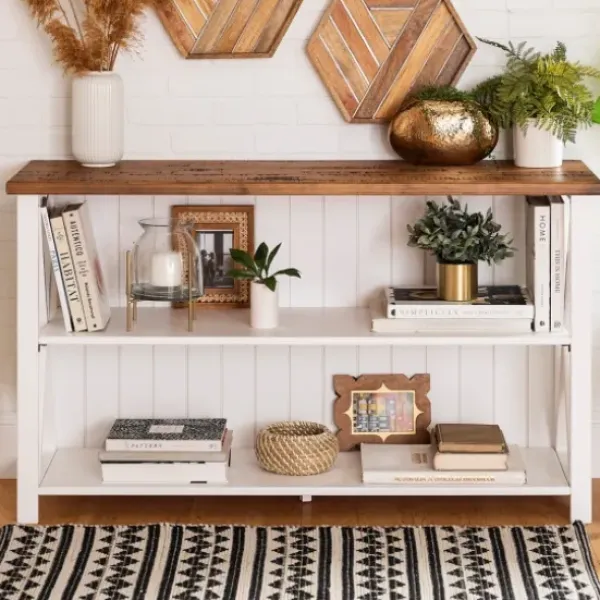 Console Tables-Kirkland's Home White And Rustic Oak Wood Farmhouse Console Table White/Brown