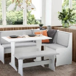Dining Sets-Kirkland's Home White And Upholstered 3-Pc Dining Nook Set Gray