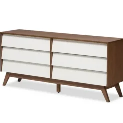 Dressers & Chests-Kirkland's Home White And Walnut Mid-Century 6-Drawer Dresser