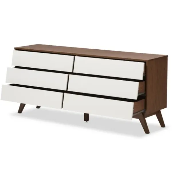 Dressers & Chests-Kirkland's Home White And Walnut Mid-Century 6-Drawer Dresser