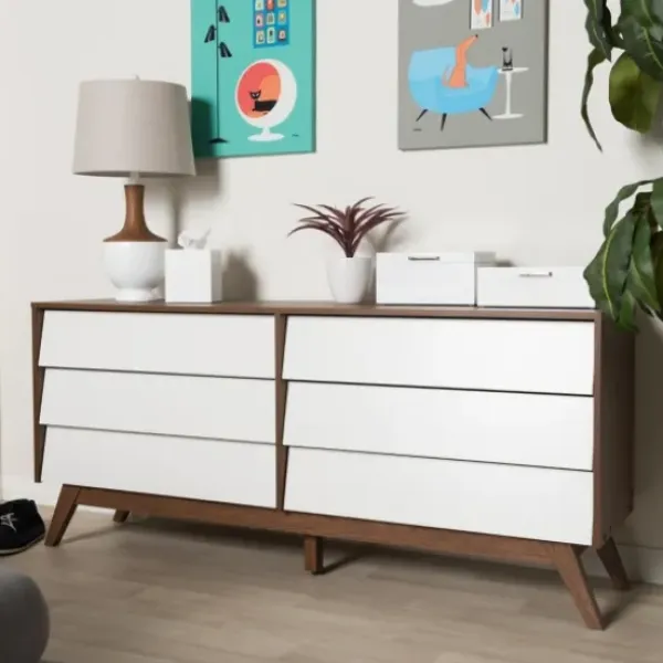 Dressers & Chests-Kirkland's Home White And Walnut Mid-Century 6-Drawer Dresser