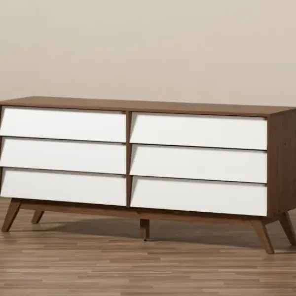 Dressers & Chests-Kirkland's Home White And Walnut Mid-Century 6-Drawer Dresser