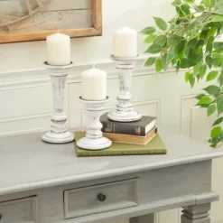 Candle Holders-Kirkland's Home White Brushstroke 3-Pc. Pillar Candle Holder Set White/Brown