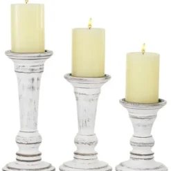 Candle Holders-Kirkland's Home White Brushstroke 3-Pc. Pillar Candle Holder Set White/Brown
