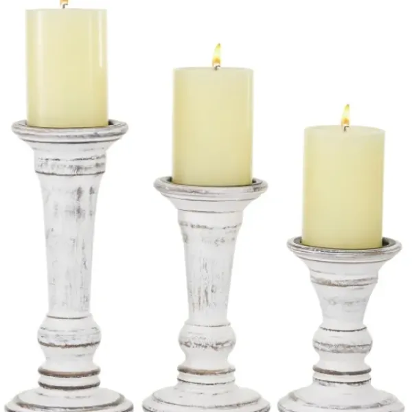 Candle Holders-Kirkland's Home White Brushstroke 3-Pc. Pillar Candle Holder Set White/Brown