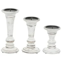 Candle Holders-Kirkland's Home White Brushstroke 3-Pc. Pillar Candle Holder Set White/Brown
