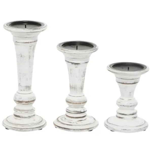 Candle Holders-Kirkland's Home White Brushstroke 3-Pc. Pillar Candle Holder Set White/Brown